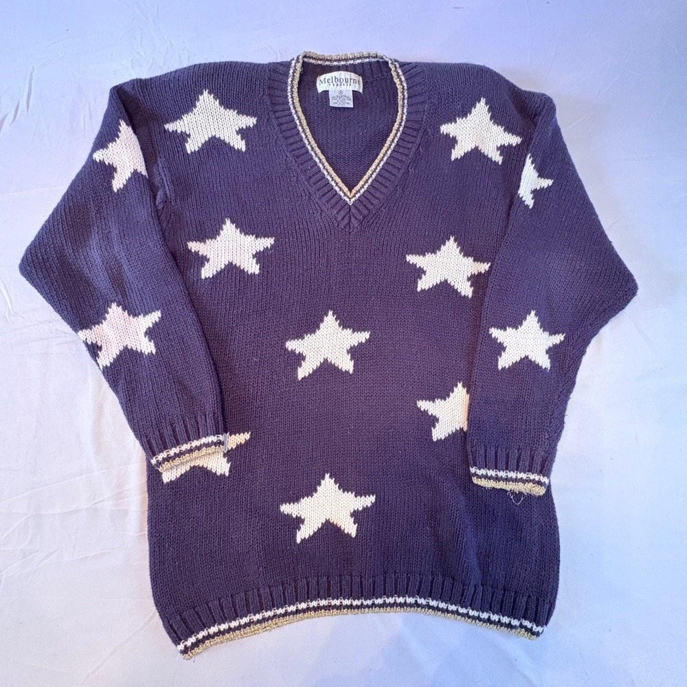 Melbourne Classix Navy Blue Star V Neck Sweater Size Medium Ramie Cotton Vintage